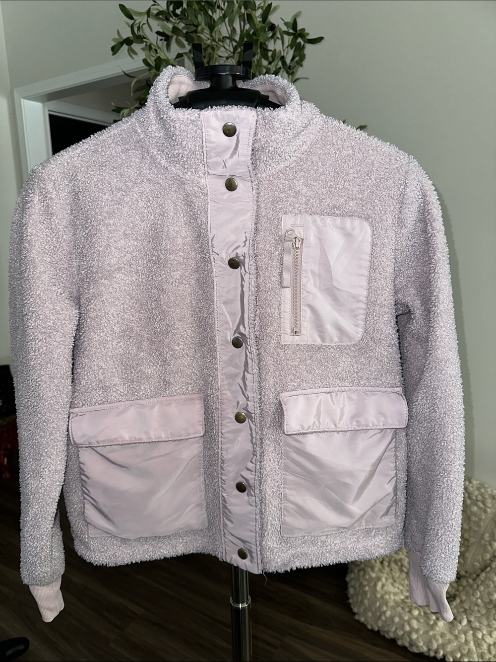 Women's Plush Teddy Puffer Jacket in Light Pink/Gray
